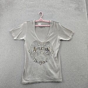 Affliction Women Shirt X-LARGE Gray Y2K Grunge Eagle California Short Sleeve